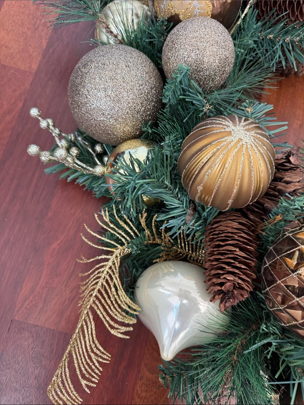 Holiday Pine Wreath with Gold and Green Ornaments